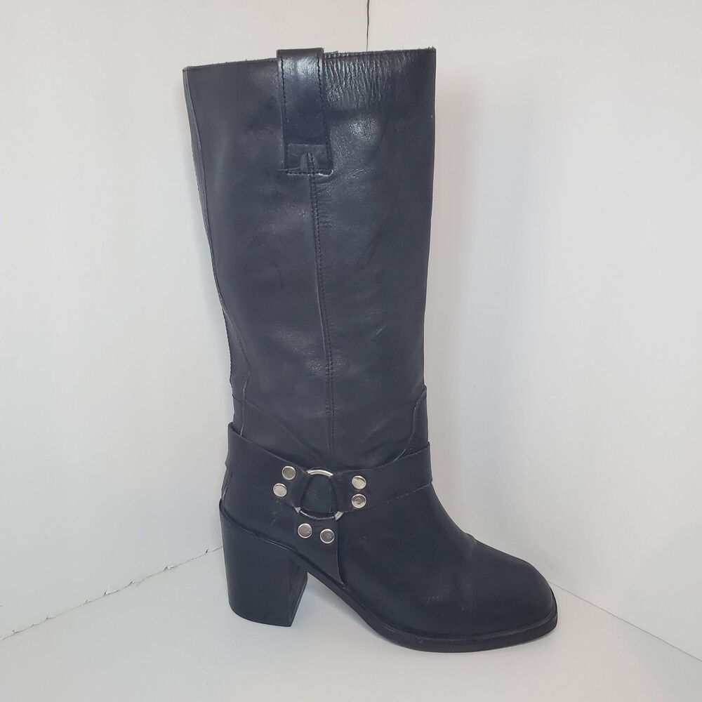 Vintage Wild Pair Ringo Sz 7 Black Leather Harness Boots High Heel Square Toe